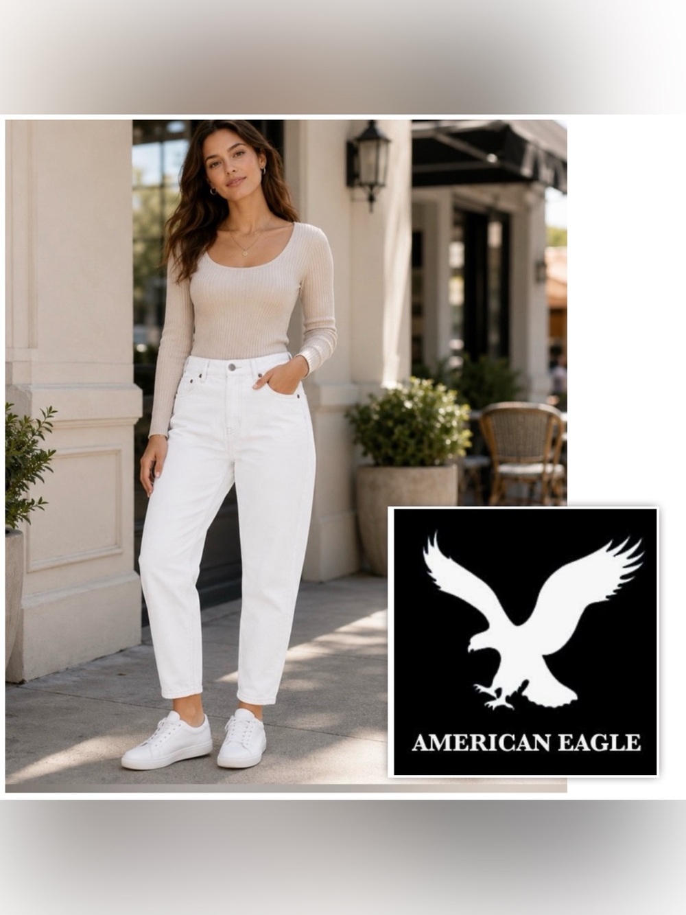 NWT American Eagle Relaxed Mom Jeans Women plus 22 long White Denim Pants